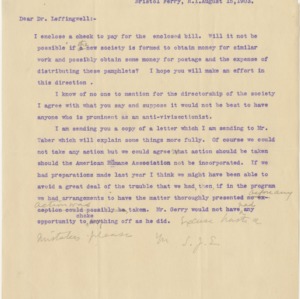 Correspondence to Dr. Albert Leffingwell, August 15, 1903