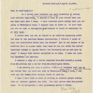 Correspondence to Dr. Albert Leffingwell, April 16, 1904