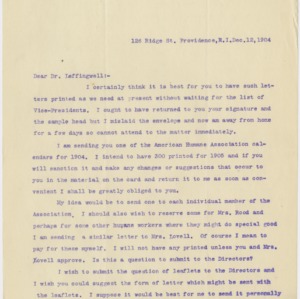 Correspondence to Dr. Albert Leffingwell, December 12, 1904