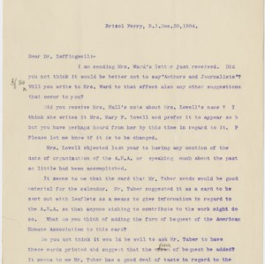 Correspondence to Dr. Albert Leffingwell, December 20, 1904