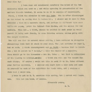 Correspondence to Miss Sarah J. Eddy, April 5, 1905