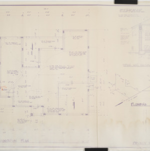 Foundation plan, typical wall section, plumbing riser, and privacy wall detail for unknown residence