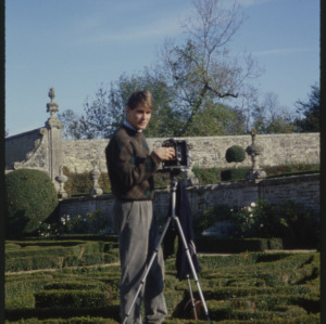 John M. Hall with portrait camera, Chateau de Brecy, Normandy