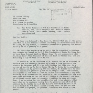 Letter from Walter J. Jones to Daniel D. Godrey Re: Ray Curtis Purchase of 4-H CLub Foundation of North Carolina, Inc. Leased Property; Re: Mountain Island Drawing 305-A, Coddle Creek Township, Iredell County, North Carolina