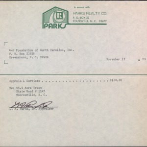 Letter from Clyde Chesney to L.A. Parks Re: Check for 4-H Foundation of North Carolina, Inc. for Appraisal Report