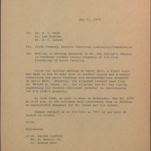 Letter from Clyde Chesney to B.C. Webb, Lee Andrews, W.C. Cooper Re: Meeting to Develop Response to Mr. Ray Curtis's Request to Purchase Iredell County Property of 4-H Club Foundation of North Carolina