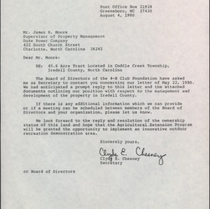 Letter from Clyde E. Chesney to James R. Moore Re: 45.6 Acre Tract Located in Coddle Creek Township, Iredell County, North Carolina