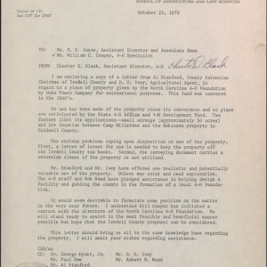 Letter from Chester D. Black to R. E. Jones Re: Property given to North Carolina 4-H Foundation by Duke Power Company for Recreational Purposes