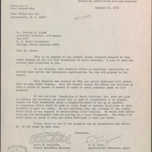 Letter from Alvin M. Stanford and D.O. Ivey to Chester D. Black Re: Iredell County Property
