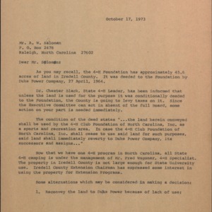Letter from William C. Cooper to A.W. Saloman Re: 4-H Foundation Property in Iredell County