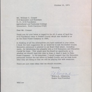 Letter from Wayne A. Corpening to William C. Cooper Re: 4-H Foundation Property in Iredell County