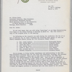 Letter from Minnie Miller Brown to Dr. Eloise Carter Re: Home Economics Training