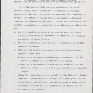 Considerations and Recommendations Regarding Implementation, of Subtitle G, (1890 Land Grant College Funding), Section 1444, of Title XIV of the Food and Agricultural Act of 1977