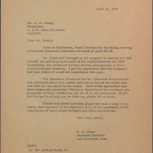 Letter from R. E. Jones to L. C. Dowdy Re: A Proposal to Abolish the 1890 Morrill Act