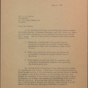 Letter from R. E. Jones to L. C. Dowdy Re: Abolishing the Second Morrill Act