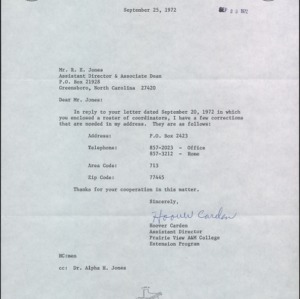 Letter from Alpha H. Jones to R. E. Jones Re: Address Corrections