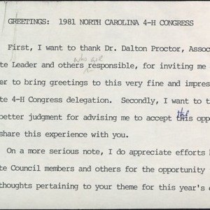 Greetings: 1981 North Carolina 4-H Congress