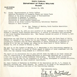 Memo from NC Dept. of Public Welfare, Oct. 29, 1954