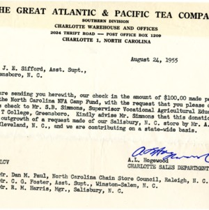 Note from The Great Atlantic Pacific Tea Company, Aug. 24, 1955