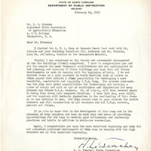 Letter to S. B. Simmons from A. L.  Teachey, Feb. 16, 1955