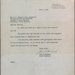 Letter to S.B. Simmons from John B. Hammond Regarding Cover Photographs