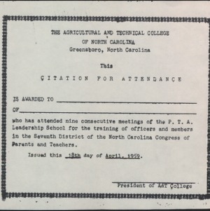 The Agricultural and Technical College of North Carolina Citation for Attendance