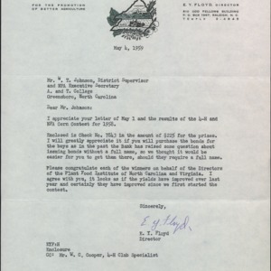 Letter from E.Y. Floyd to W.T. Johnson Regarding Corn Contest Prize Money
