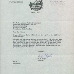 Letter from E.Y. Floyd to W.T. Johnson Regarding Sweet Potato Contest Prize Money