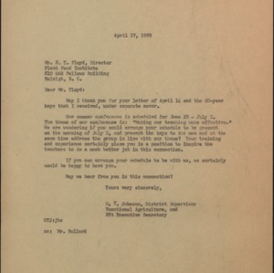 Letter from W.T. Johnson to E.T. Floyd Regarding Summer Conference Schedule