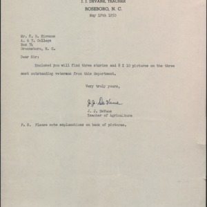Letter from J. J. DeVane to S. B. Simmons Re: Veteran Project Stories and Images