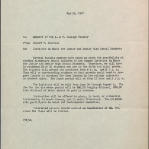 Memorandum from Howard T. Pearsall to Members of the A. & T. College Faculty Re: Institute in Music for Junior and Senior High School Students