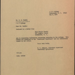 Memorandum from W. T. Johnson to W. H. Gamble Re: Letter from Fannie Harris concerning admission to college