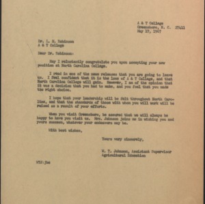Memorandum from W. T. Johnson to Dr. L. H. Robinson Re: Congratulations on New Position