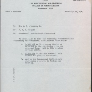 Memorandum from J. W. R. Grandy to W. T. Johnson, Sr. Re: Ornamental Horticulture Curriculum