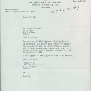 Memorandum from F. A. Williams to Walter T. Johnson Re: Brochure on Vocational Agriculture