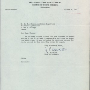Memorandum from J. E. Marshall to W. T. Johnson Re: Participation Excuses for Students