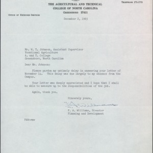 Memorandum from F. A. Williams to W. T. Johnson Re: Job Response