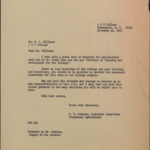 Memorandum from W. T. Johnson to F. A. Williams Re: Director of Planning and Development for the College Position