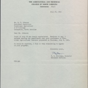 Memorandum from: F. A. Williams to W. T. Johnson Re: Conference of Vocational Agricultural Teachers