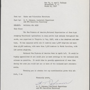 Memorandum from W. T. Johnson to Radio and Television Directors Re: National NFA Week