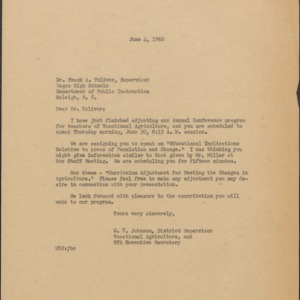 Memorandum from W. T. Johnson to Frank A. Toliver Re: Annual Conference Program