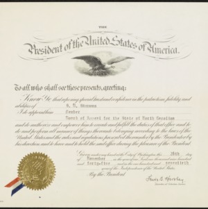 Certificate of appreciation to S. B. Simmons from the President of the United States
