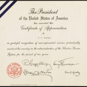 Certificate of appreciation to S. B. Simmons from Harry S. Truman