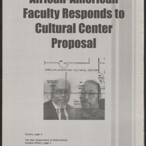 Text: "Faculty Responds to Cultural Center Proposal" image of two people with text on top.