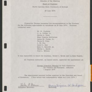Board of Trustees, Minutes (Telephone Ballot), 1976 June 29