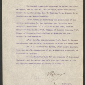 Special Committee Appointed to Select Agriculturist Minutes, 1901 July 16