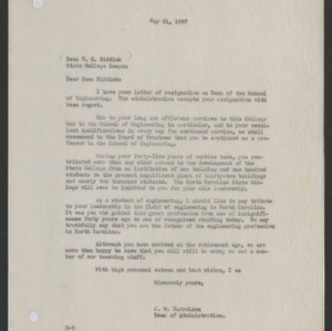 John William Harrelson Records -- School of Engineering, Resignation of Dean W.C. Riddick, 1936-1937