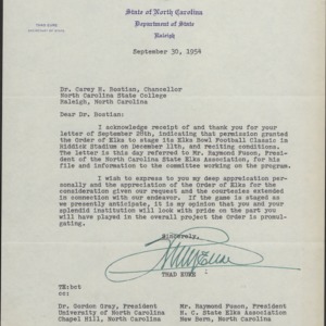 Letter from Thad Eure to Chancellor Bostian regarding Elks Bowl Football Classic at Riddick Stadium, September 30, 1954