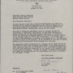 Letter from C. E. Larson to Chancellor Harrelson regarding visiting Chemistry professors, October 12, 1954