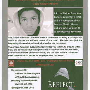 African American Cultural Center Records -- Trayvon Martin and Social Justice program flyer, October 17, 2013